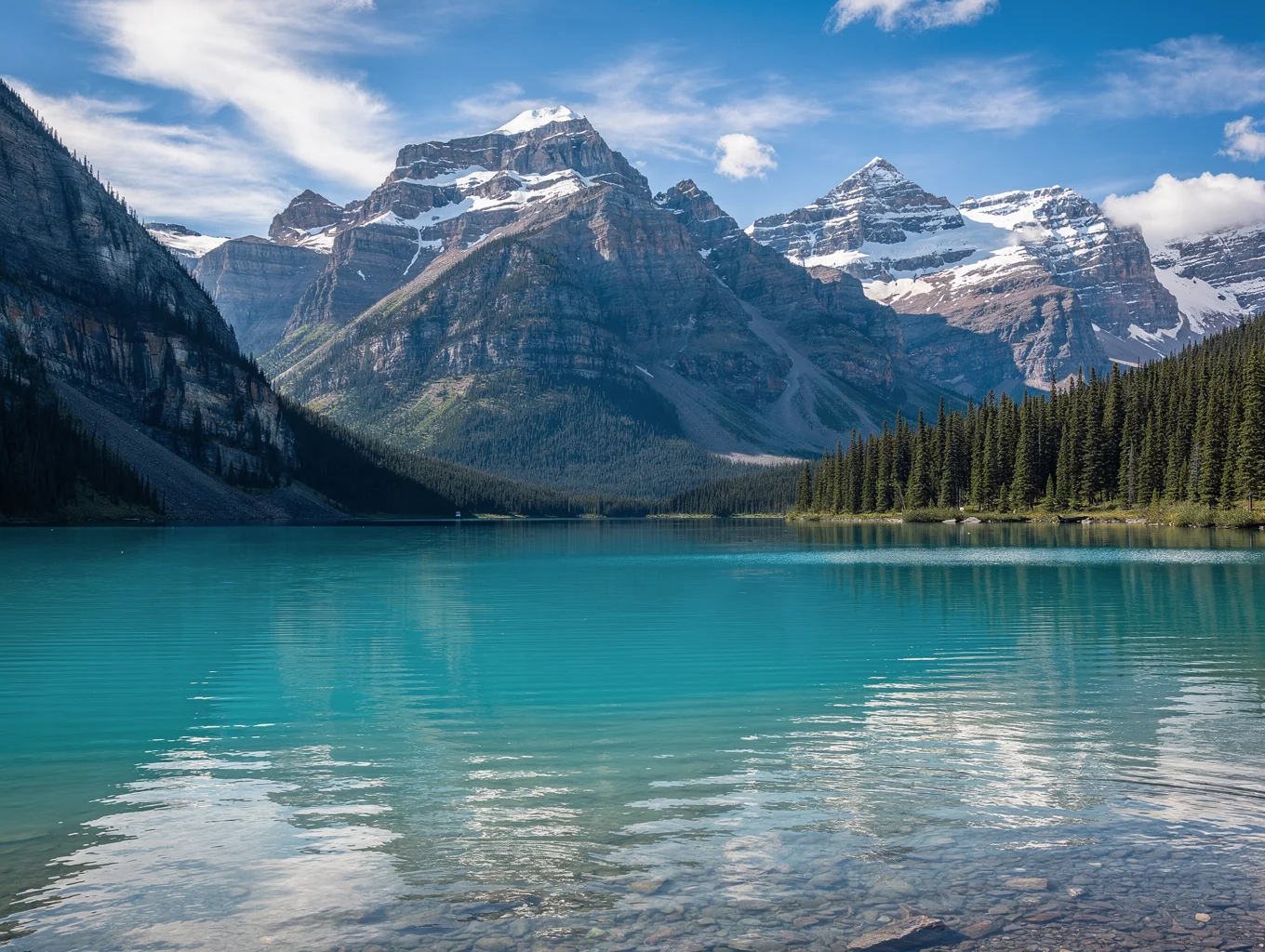 Canoeists paddling along turquoise alpine glacial waters in Banff