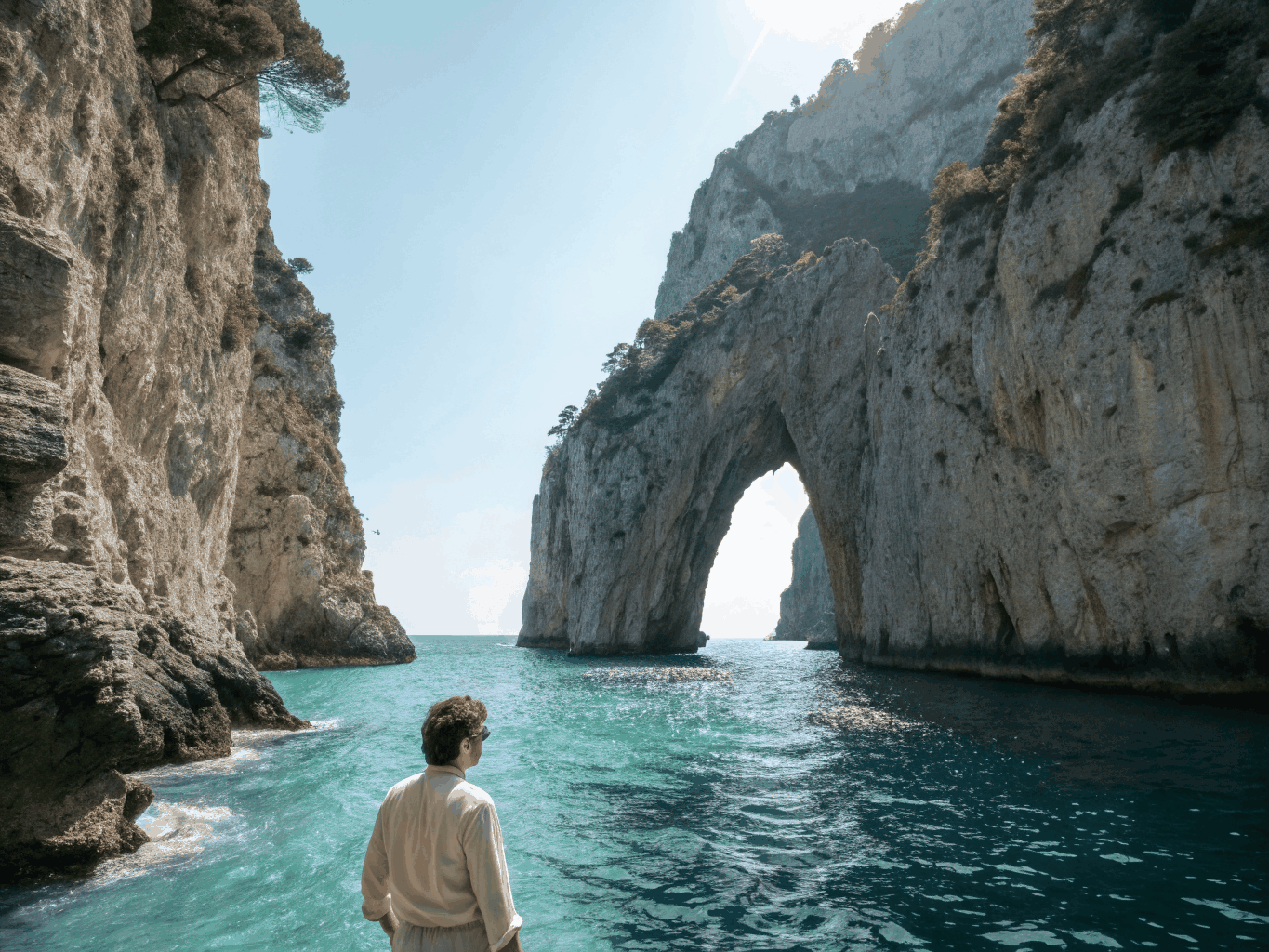 Travelers sailing on a wooden boat near Capri sea cliffs and caves