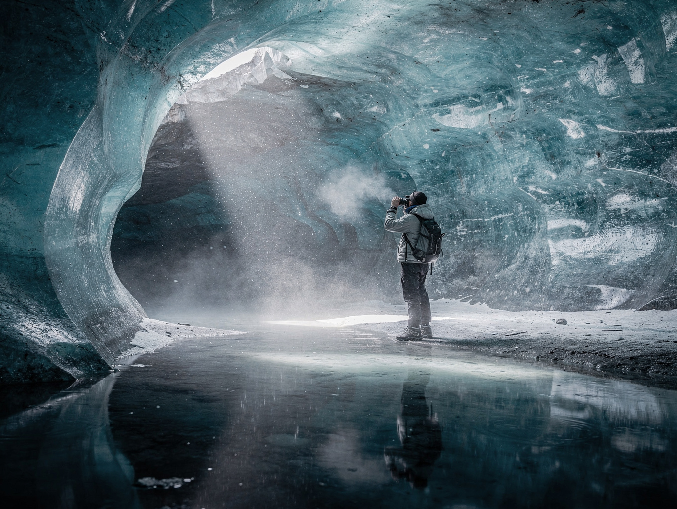 Hikers trekking through a luminous blue ice cave in Vatnajökull