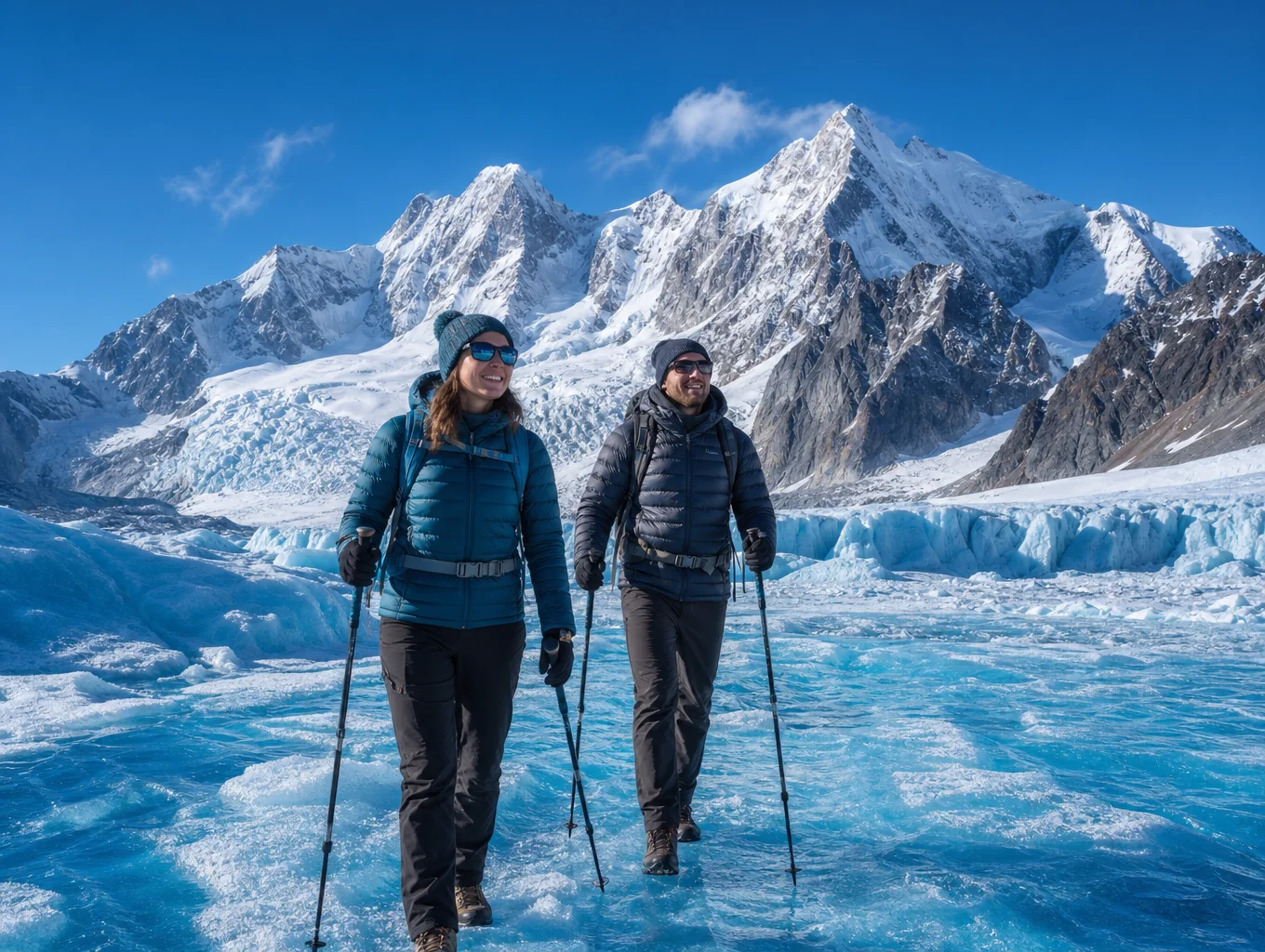 Hikers trekking across a high alpine glacier under sunny skies