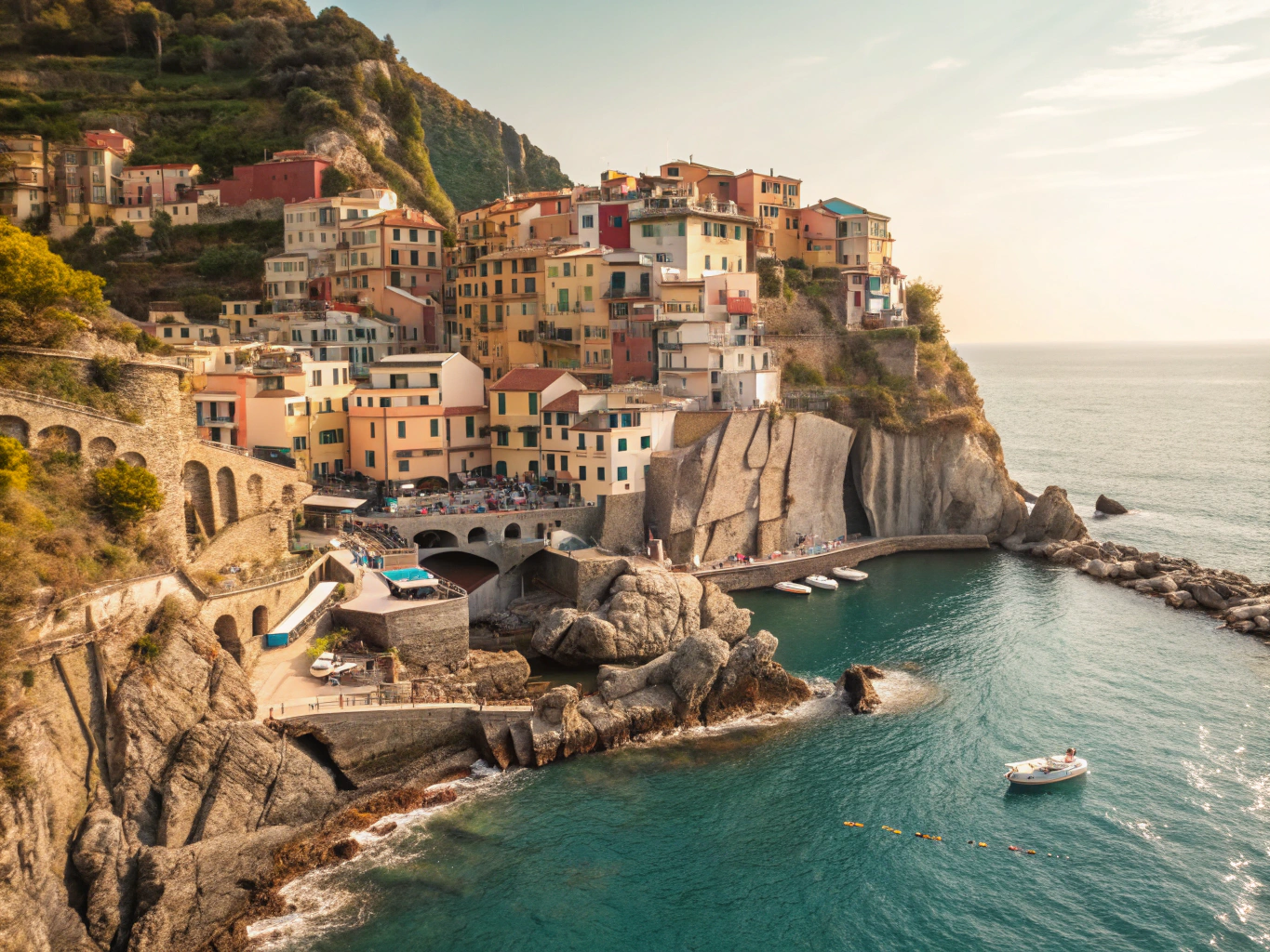 Pastel cliffside houses and ocean waters along the Amalfi Coast in daylight