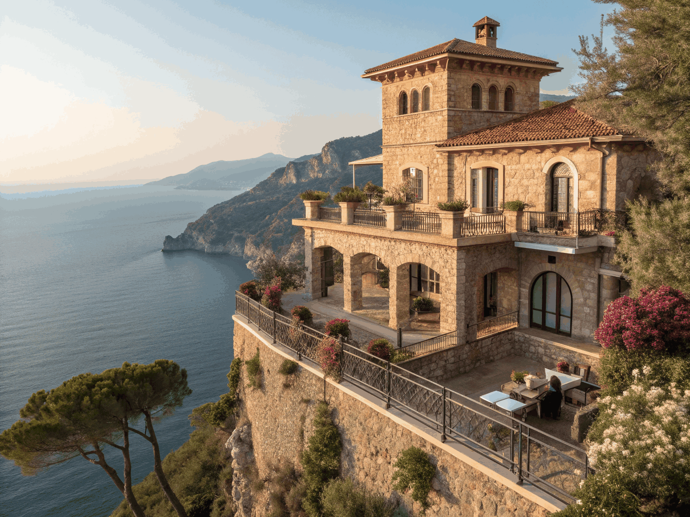 Sun-drenched Mediterranean villa terrace facing Amalfi coastal cliffs