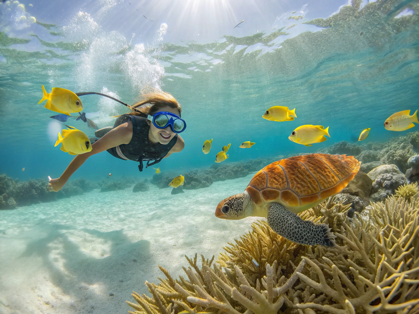 Snorkelers gliding above clear tropical reef waters with marine wildlife
