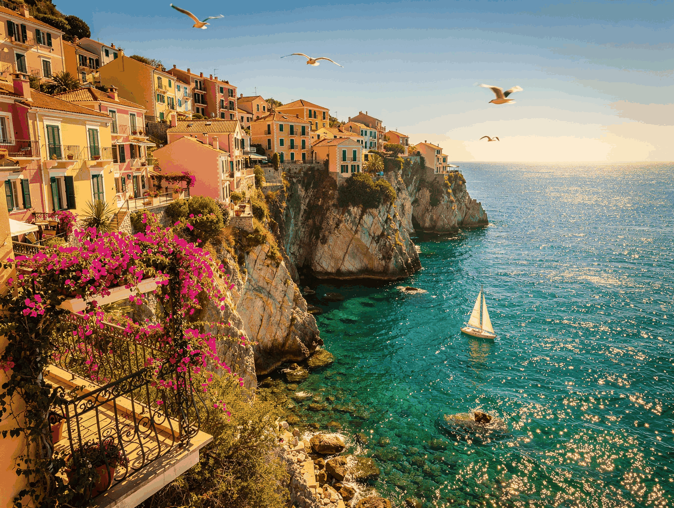 Pastel colored coastal village on vertical cliffs of Amalfi Coast, Italy