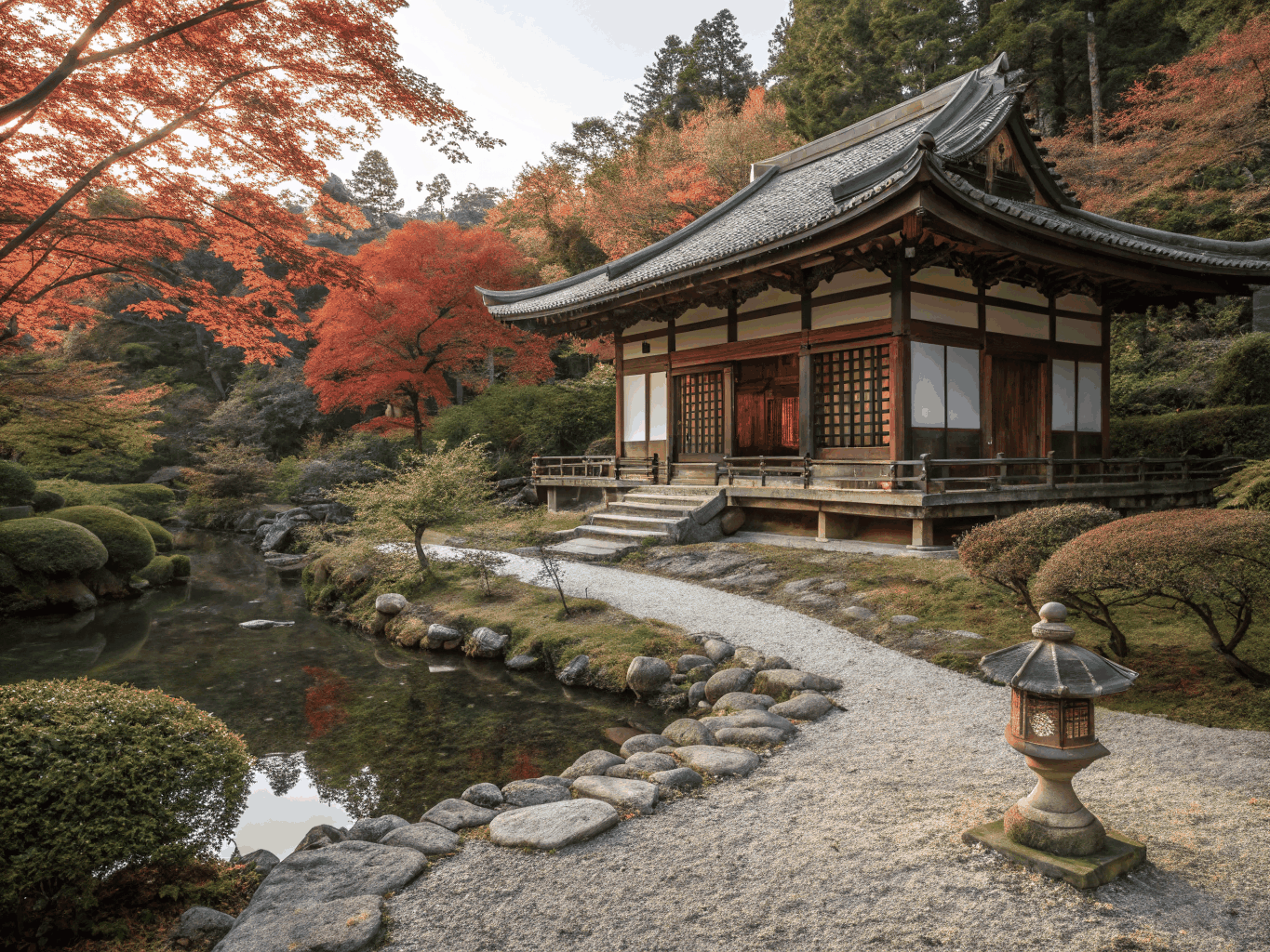 Wooden historic temple and serene gardens in Kyoto, Japan