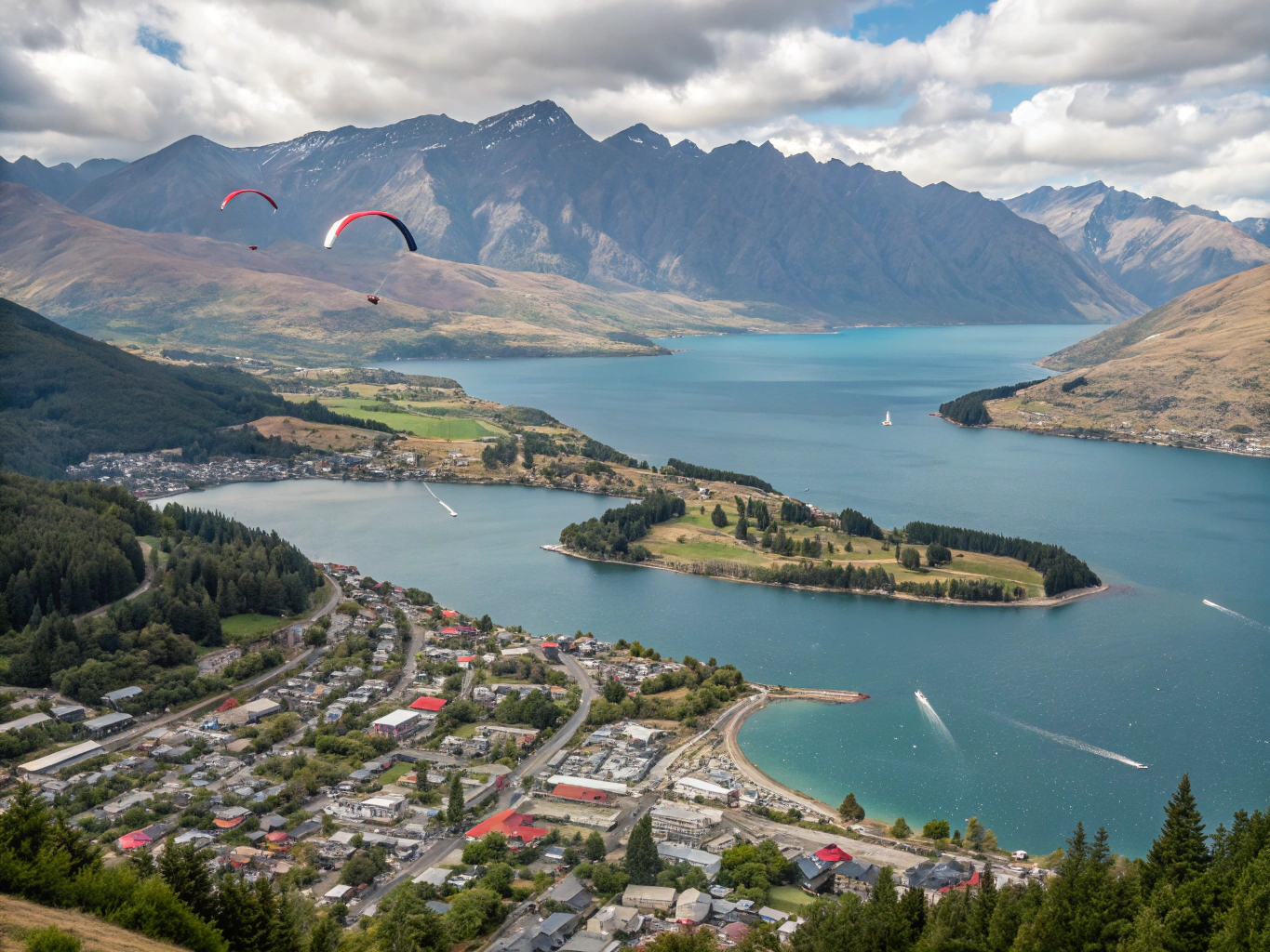 Mountain reflections on Lake Wakatipu in Queenstown, New Zealand