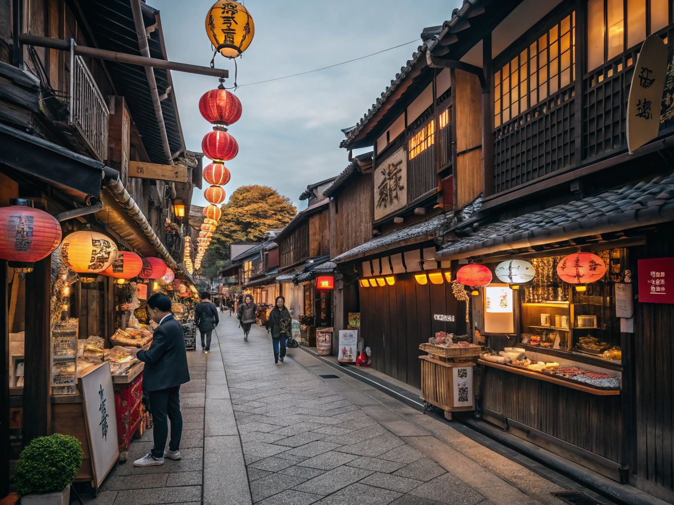 Visitors tasting culinary dishes through historic lantern-lit streets
