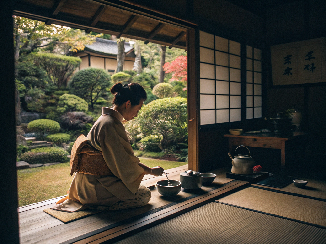 Traditional wooden machiya residence and serene garden in Kyoto