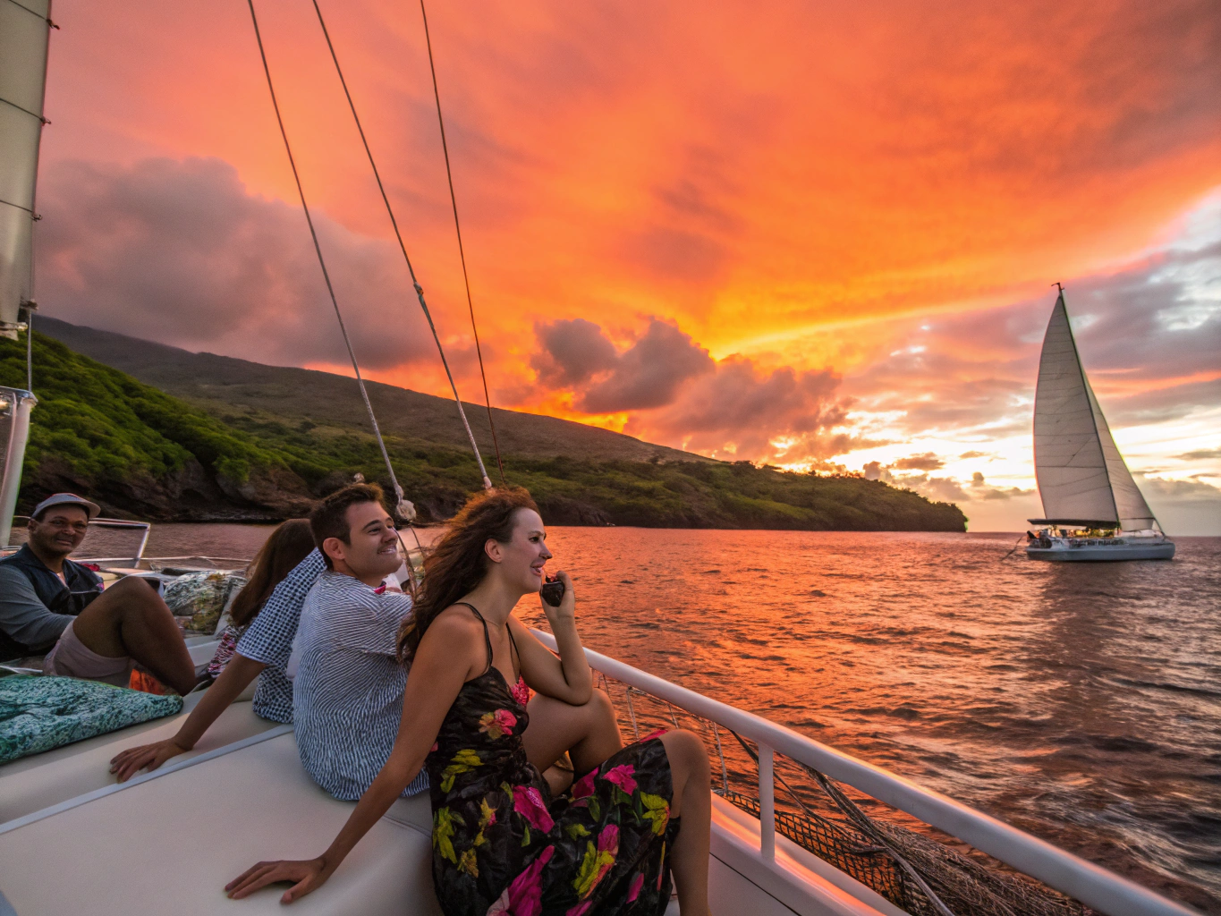 Travelers sailing on a catamaran near coastal cliffs at sunset